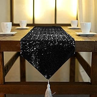 ShinyBeauty Shimmer Black-Sequin Table Runner Tassel-30x180cm, Glitter Round Sequins Fabric for Table Runners in Party Wedding Banquet Table Linen Layout or Decoration 12x72 inches (12x72-Inch, Black)
