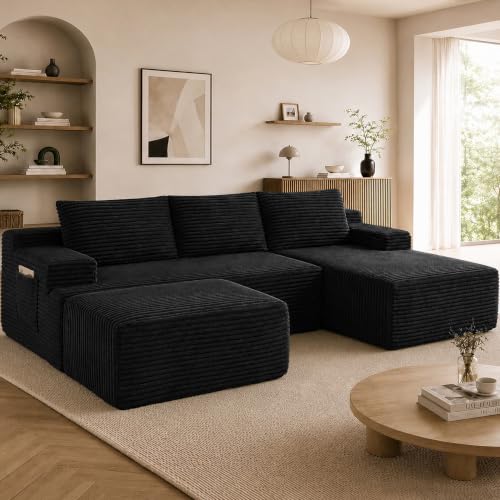 Image of Boneless Couch, Modular Sectional Couches for Living Room, U-Shaped Cloud Couch Sofa with Deep Seat, Fluffy Corduroy Upholstered Corner Sofa