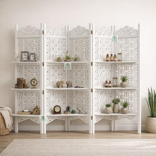 Image of Wooden Room Divider 6 Feet, 5-Panel Folding Wooden Partition for Living Room, Office, Pooja Room, Restaurant, Kitchen & Balcony