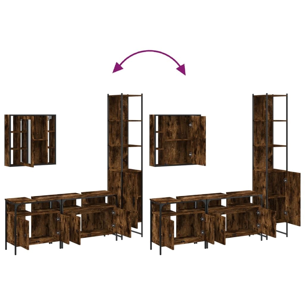 Juego de muebles de baño de madera ahumado de 4 piezas | Acero con recubrimiento en polvo, patas ajustables, espejo con estante, incluye soporte de pared