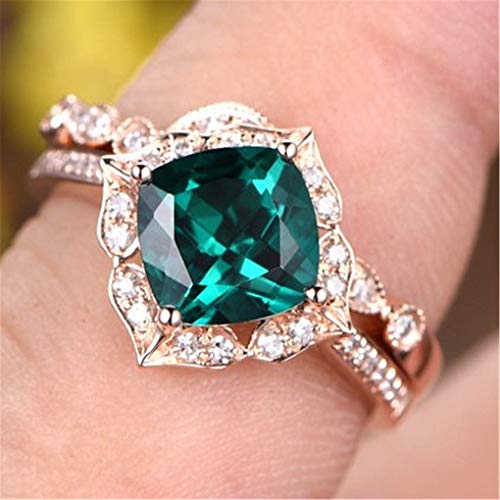 WANGYUSHENG Rose Gold Tone Cushion Emerald CZ Engagement Rings for Women Cubic Zirconia Promise Halo Engagement Ring Set (US Size 7)