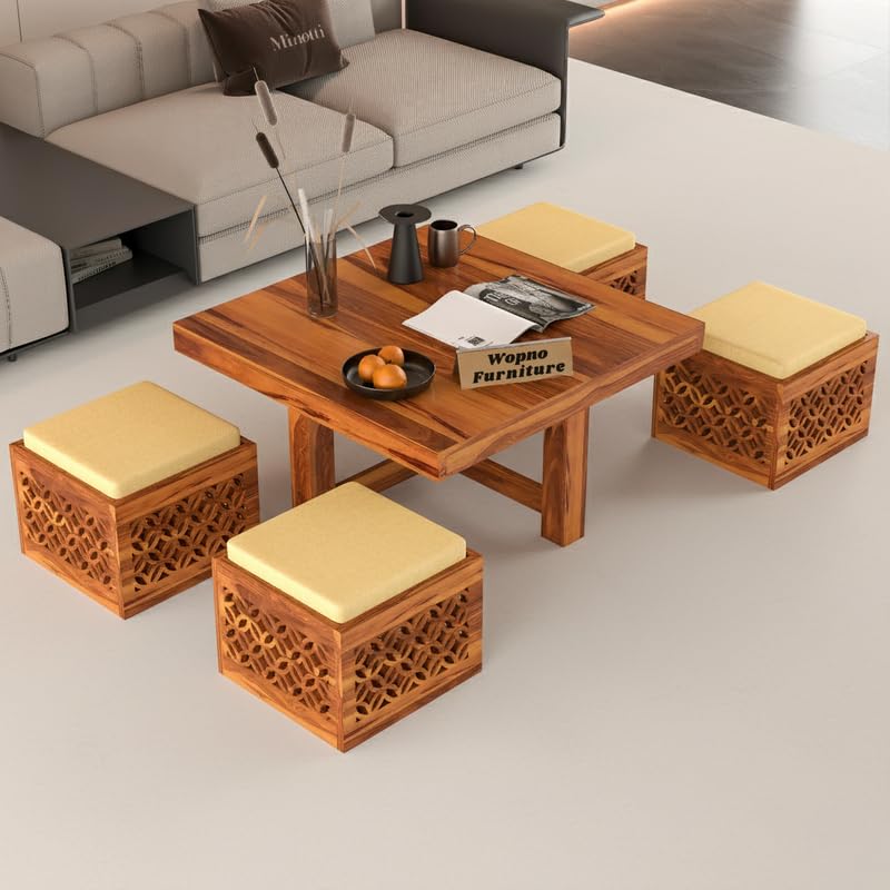 Image of Solid Sheesham Wood Coffee Table with 4 Stool | Center Table with 4 Stools for Living Room | Rosewood Teapoy Table with Cushioned Stool (CNC,Honey Finish)