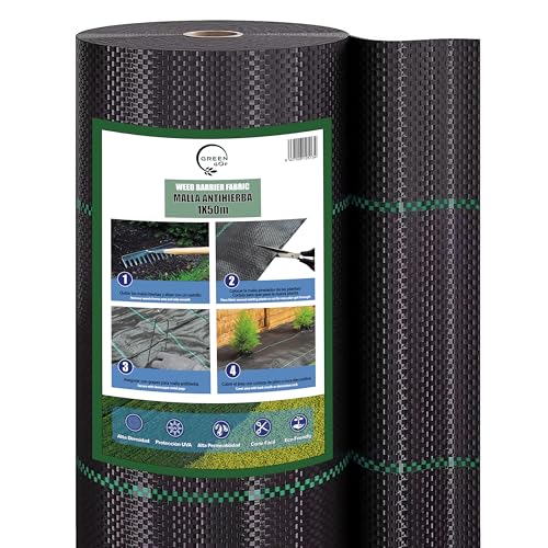 GREEN GOF Malla Antihierbas Premium 1x50m, 130g/m² - Ultra Resistente. Varios Tamaños. Alta Estabilización UV, Permeable y Transpirable - contra Las Malas Hierbas. Geotextil para Jardín y Terraza.