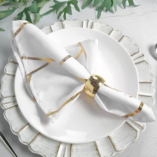 Efavormart 5 Pack | 20"X20" Modern White Polyester Linen Dinner Napkins With Gold Foil Geometric Pattern #TOP5