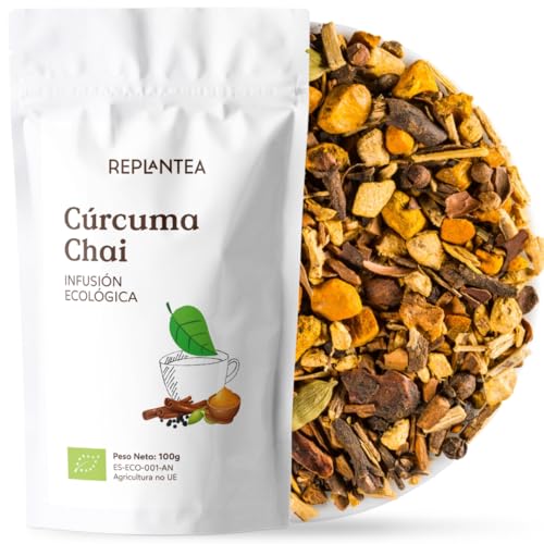 CURCUMA CHAI 100% Orgánico 100g (50 Tazas) | Infusión Ayurvédica a Granel con Cúrcuma, Canela, Jengibre, Regaliz y Cacao REPLANTEA