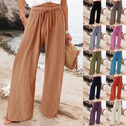 Linen Pants for Women Summer High Waisted Wide Leg Pants Casual Elastic Waist Palazzo Pants Beach Pants with Pockets2