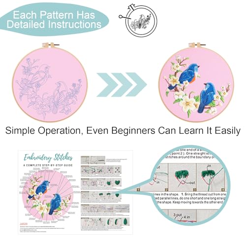 Image of Nuberlic 3 Pack Embroidery Kit for Beginner Adults, Cross Stitch Set with Cardinal & Blue Bird Patterns, Includes Cloth, Hoops, Threads, Needles, Instructions