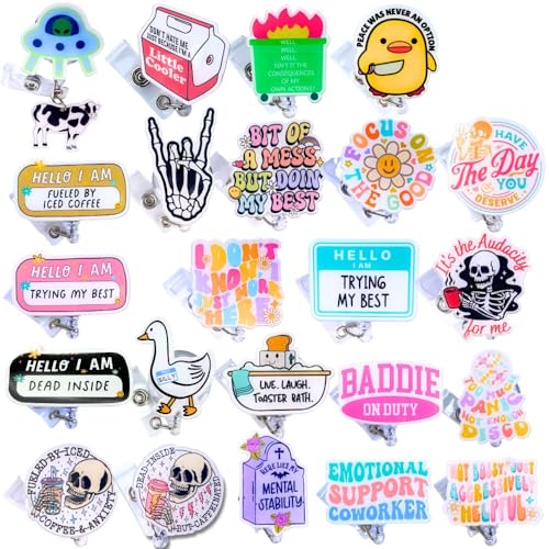 YJ PREMIUMS 24PC Funny Cute Badge Reel Bulk Clip Holder Retractable Fun Cool ID Badges Reels Pack for Nurse Week Nurses Nursing Office Student Work Healthcare Medical Sarcastic Gifts Supplies