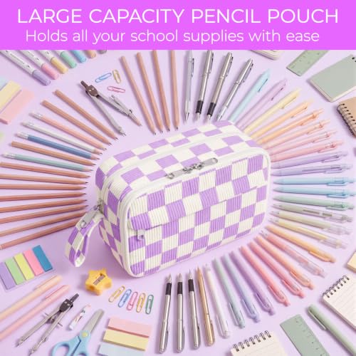Image of WOBAGMEN Cute Pencil Case,Large Corduroy Zippered Pencil Case Pouch, Aesthetic Pencil Bag with Compartments(Purple Gingham)