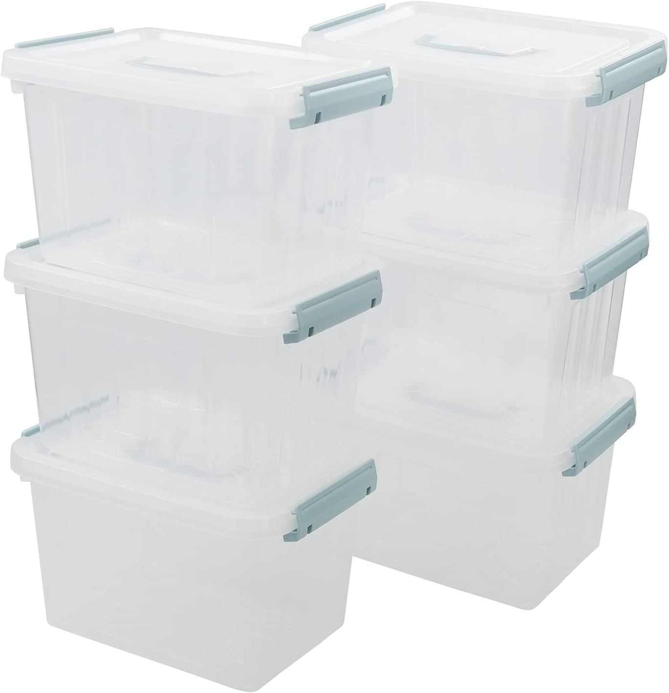 Ikando Cubo de Almacenamiento de Plástico, Paquete de 6, Caja Transparente y Tapa, Asa Verde, 6 L