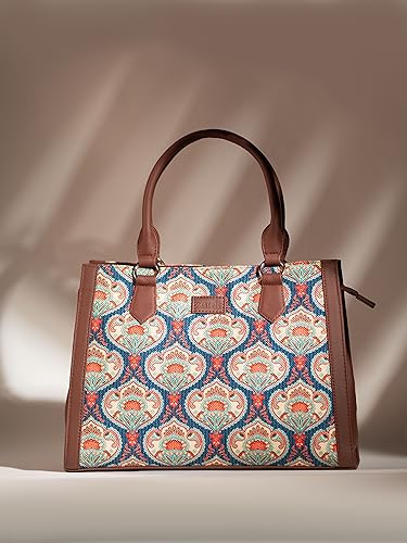 Image of ZOUK Printed Jute Handcrafted Vegan Leather Multicolor Women's Satchel Bag | Ladies Purse Handbag | Double Handle Detachable Strap