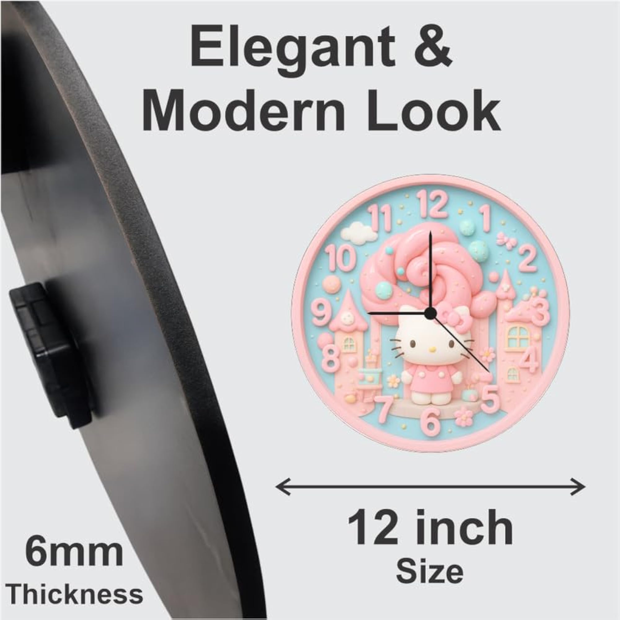 Cute Kitty Wall Clock for Kids Room, 12 Inch Silent Quartz