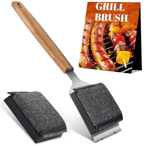 Cepillo para parrilla de hierro fundido con 1 cabezal de cepillo de repuesto, cepillo limpiador de barbacoa con rascador de acero inoxidable y mango largo de madera, mejor accesorio de parrilla de gas