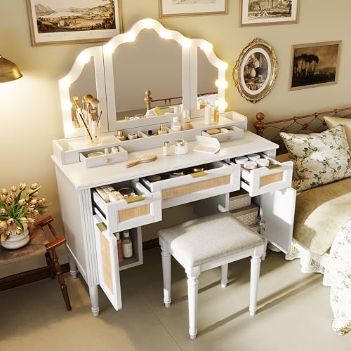 Image of JIVOIT 44.37 inch Makeup Vanity Desk with Tri-Fold Mirror, Large Vanity Table with 5 Drawers and Shelves and 2 Cabinets, Dressing Table, Easy Assembly