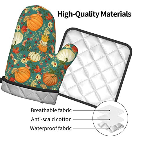 Oven Mitts And Pot Holders Sets,Harvest Pumpkin Resistant Hot Pads With Polyester Non Slip Bbq Gloves For Cooking #TOP3