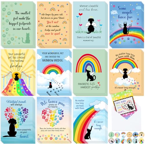 Motiskyy 48 Pack Pet Sympathy Cards for Dogs Cats Loss Sympathy Card Bulk with Envelopes and Stickers Loss of Pet Dog Cat Rainbow Bridge Condolences Gifts