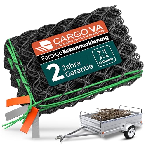 CargoVA® Intelligentes Anhängernetz dehnbar 1x2 bis 2x3 M - elastisches Hängernetz schwarz mit Gummiseil und Eckenmarkierung - für die perfekte Ladungssicherung