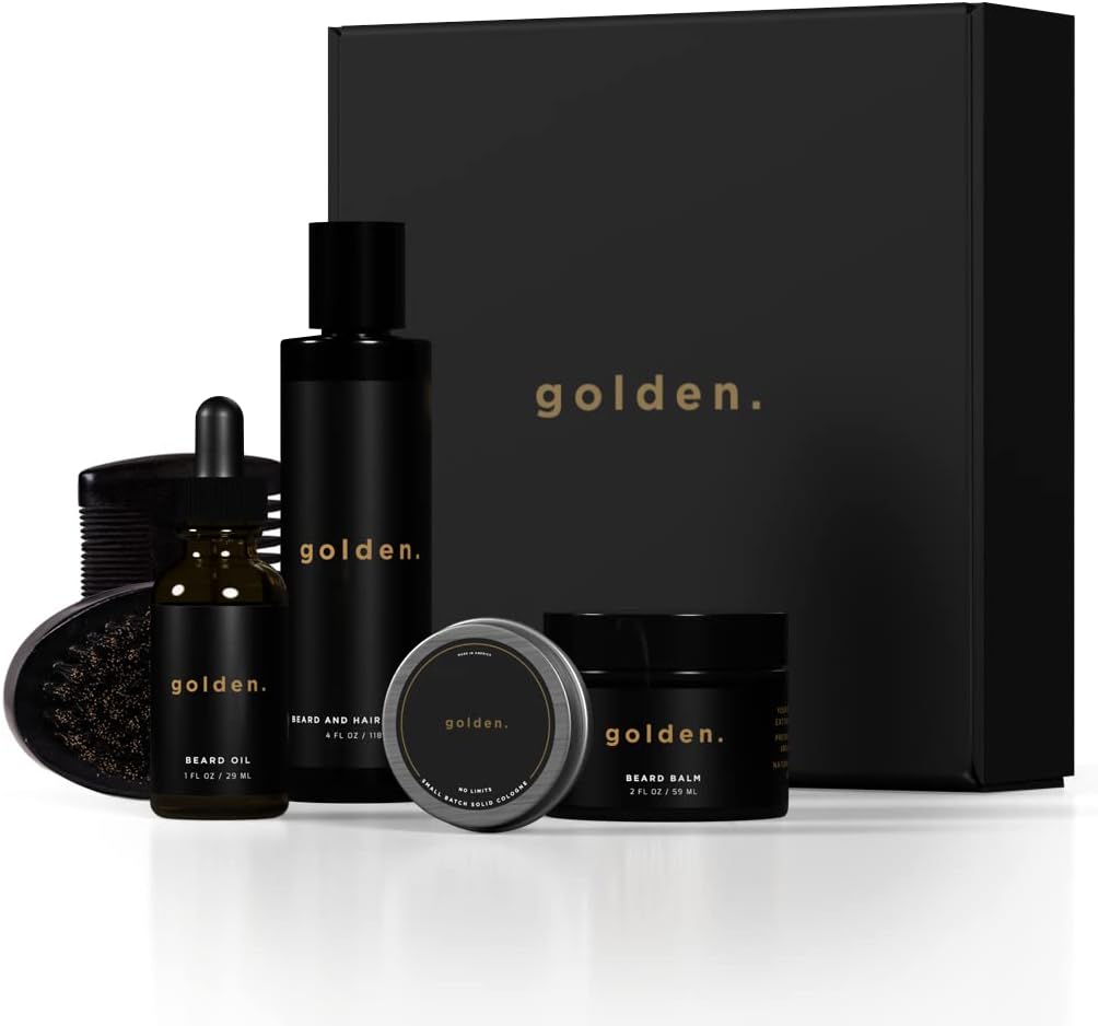 Golden Grooming Company Ultimate Beard Bundle For Men | Organic & Natural Growth Kit | Beard Oil + Balm + Shampoo + Solid Cologne | 4-Piece Set | Made in USA | 50K+ Customers