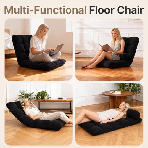Image of HOPERAN Folding Floor Chair with Back Support, 6 Adjustable Position | Flannel Fabric, Comfy Cushion, Meditation Floor Seating, Gaming Chair Recliner for Adults & Kids, Reading, Watching