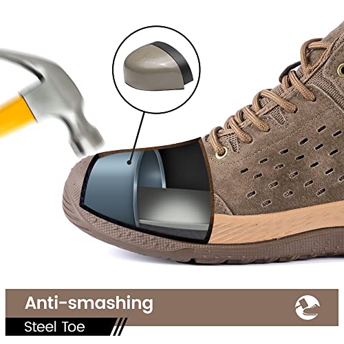 Dinggu Steel Toe Shoes For Men, Men's Work Shoes Slip Resistant & Comfortable, Safety Shoes For Construction & Industrial, Real Leather Breathable, Brown, 10 #TOP2