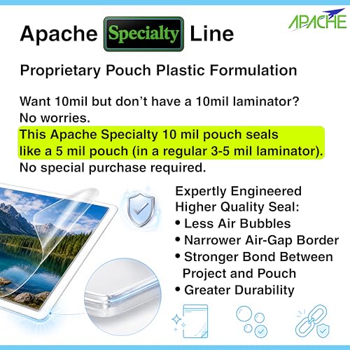 Image of Apache Letter Size Laminating Pouches, 10 Mil, 100 Pack, Seals in 5mil Laminator, Holds 8.5x11 Inch Projects (9x11.5 inch Pouch Size), Thermal Laminating Sheets, Clear, Round Corners, Specialty Line