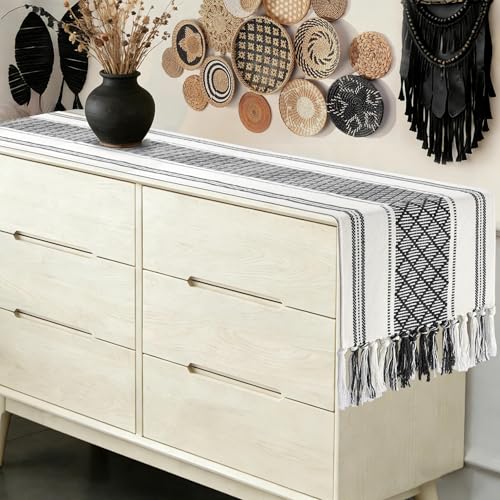yuboo Black and White Table Runner Farmhouse Style, Modern Long Geometric Woven Coffee Table Runner 72 Inches Long, Dresser Runners for Bedroom, Dining Room, Kitchen, Gothic Table Decor