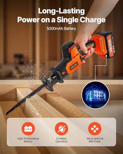 Image of VEVOR Cordless Reciprocating Saw, 20V Brushless Reciprocating Saw with Battery, 3000 SPM Variable Speed, 1 inch Stroke Length Charger, 8 Blades, and Carrying Bag, for Wood, Metal and Plastic Cutting