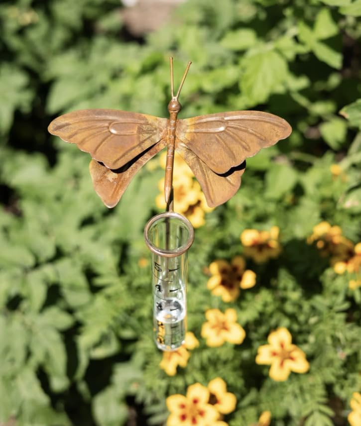 Handcrafted Butterfly Garden Rain Gauge – Decorative Steel & Stone Yard Stake – Functional & Ornamental Outdoor Rain Collector – Ideal Gift for Gardeners