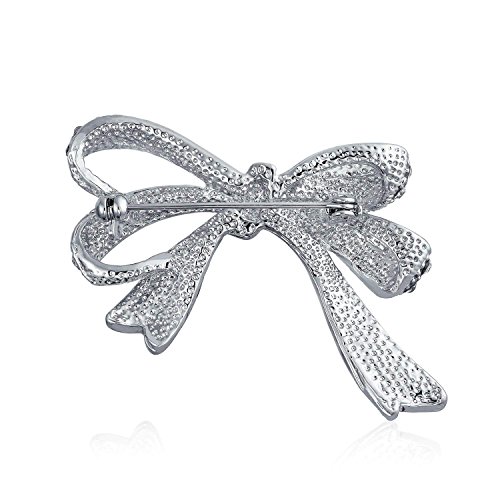 Image of Bling Jewelry Winter Holiday Blue White Glittering Crystal Bridal Fashion Large Statement Ribbon Scarf Bow Brooch Pin For Women Rose Gold or Silver Plated