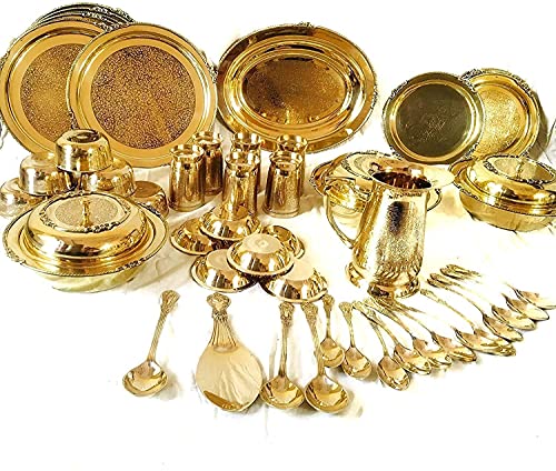 PMO Brass Royal Luxury Dinner Set , Mughlai Style ,Embroidery -Etching Designs, Best of Your Home , Set of 51 Pieces, Engraved Flower Design