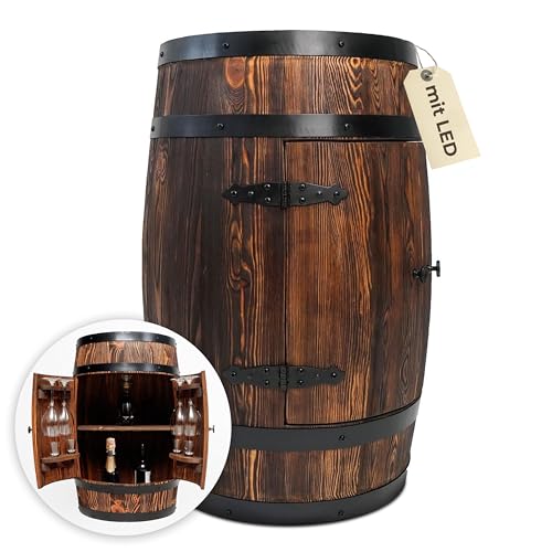 Bonanza Wood Holzfass Hausbar LED - Handgefertigtes Fassbar mit Holz Regal - Fass Barschrank im Retro Stil - Weinregal Holz 80x55cm