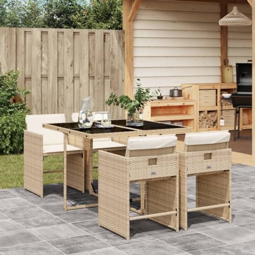 Image of 5-Piece Patio Dining Set with 4 Beige PE Rattan Chairs, Medium Collapsible Design, UV-Resistant Poly Rattan and Powder-Coated Steel Frame, Removable Cushion Covers, Foldable