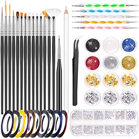 MELLIEX 45 Stück Nail Art Dekoration Zubehör Set, Nägel Pinsel Strasssteine Glitzer Goldfolie Nageldesign Dotted Pen Streifenband für Nagelkunst Maniküre Set Cover