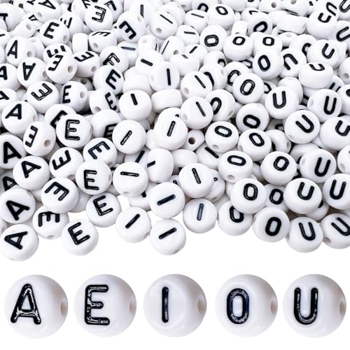 MIIIM 1000pcs Vowel Pony Letter Beads for Keychains Making (A, E, I, O, U), 4x7mm Round Letter Beads for Bracelets Making, Alphabets, Numbers (White and Black)