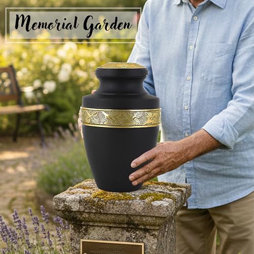 Image of Cremation Urns for Human Ashes Adult - Handcrafted Aluminum Memorial Urn with Gold Leaf Engraving & Velvet Carry Bag, Decorative Funeral Burial Urn with Secure Screw Lid, (Black & Gold)