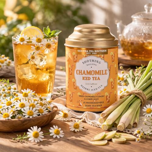 Image of Sancha Tea Boutique, Chamomile Iced Tea, 25 Pyramid Bags, Caffeine-Free Herbal Blend of Chamomile & Lemongrass Flowers, Refreshing & Sugar-Free