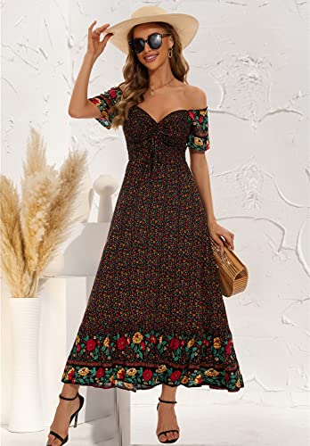 Image of Summer Floral Smocked Maxi Dress for Women 2026 Casual Flowy Tiered A Line Boho Beach Party Long Dresses with Short Sleeve