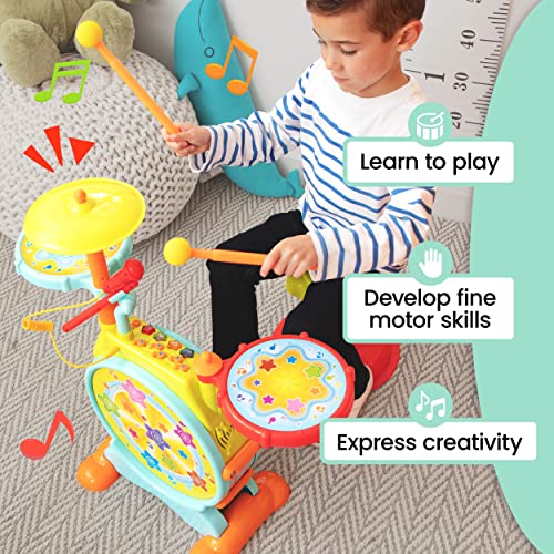 Prextex Kids Drum Set - Toddler Drum Set Includes Toy Microphone, Adjustable Sound Bass, Electric Drums & Drum Sticks (For Ages 3-6) #TOP5