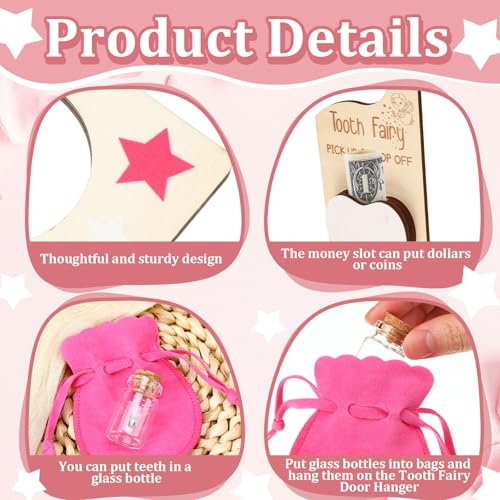 Image of DoubleFill Fairy Tooth Gift Holder Bag Door Hanger Lost Teeth Keepsake Box Tooth Fairy Kit Stores Back to School Gift for Lost Teeth Boy Girl Primary School Classroom Gifts(Classic,Rose Red)