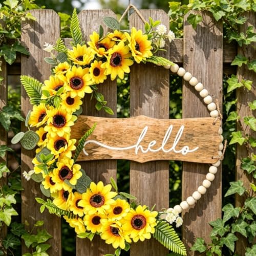 Corona de girasol y eucalipto texturizado con letrero de madera artesanal 4