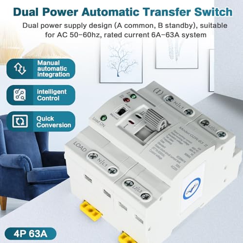 DEWIN Automatischer Transferschalter, ATS G2R 4P 63A DIN-Schiene Dual Power Automatischer Transferschalter Elektrische Wahlschalter 220V