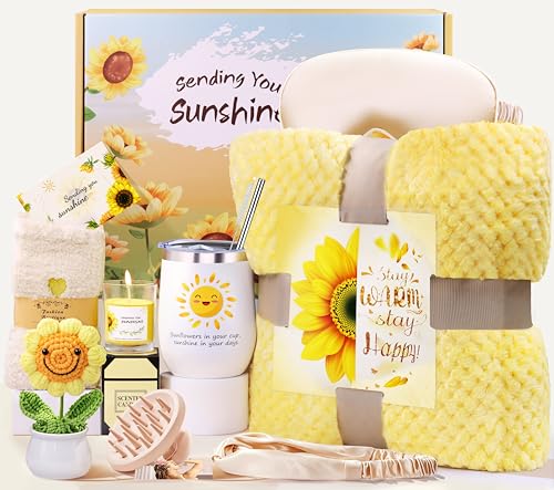 LIVEHITOP Regalos para Mujer, Girasol Regalos Originales con Manta Sofa Relajación Regalo Set Amiga Hermana Mamá Esposa San Valentín, Navidad, Día de la Madre