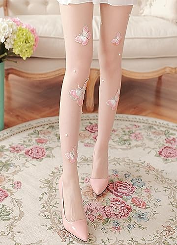 Image of Erinaco Women's Flower Pattern Sheer Footed Pantyhose Control Top Tights Stockings with Reinforced Toes
