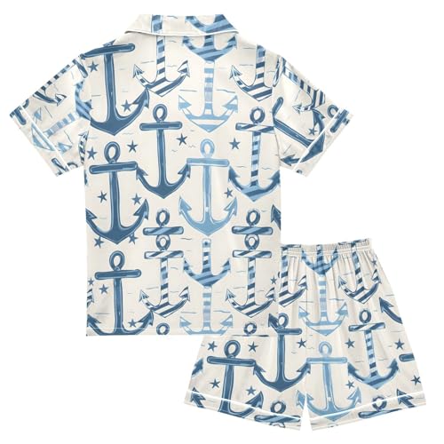 ALAZA Anchor Star Blue Pajamas Satin Pajama Set Short Sleeve Button Down Sleepwear2