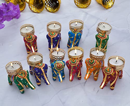 Image of Handmade Elephant Tealight Candle Multicolor Candles for Home Decoration Diwali Laxmi Poojan Elephant Tea Light Candle Holder Birthday DecorRoom Decor(Pack of 10 Elephant), Metal;Plastic