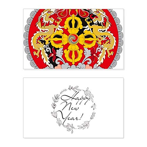 Tarjeta conmemorativa de Año Nuevo de Bután con mensaje de bendición y diseño de escudo