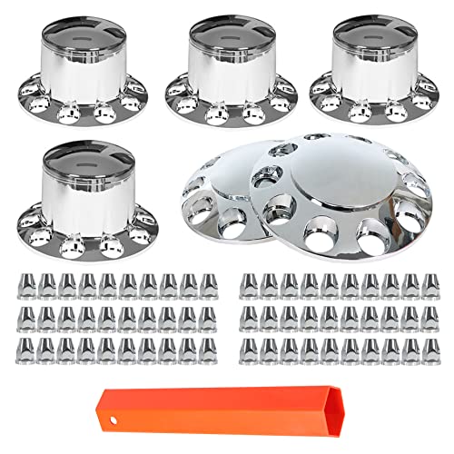 Munirater 6Pcs Semi Truck Hub Cover Wheel Axle Cover Center Caps Front And Rear Screw-On W/33Mm Lug Nut Covers Chrome #TOP18