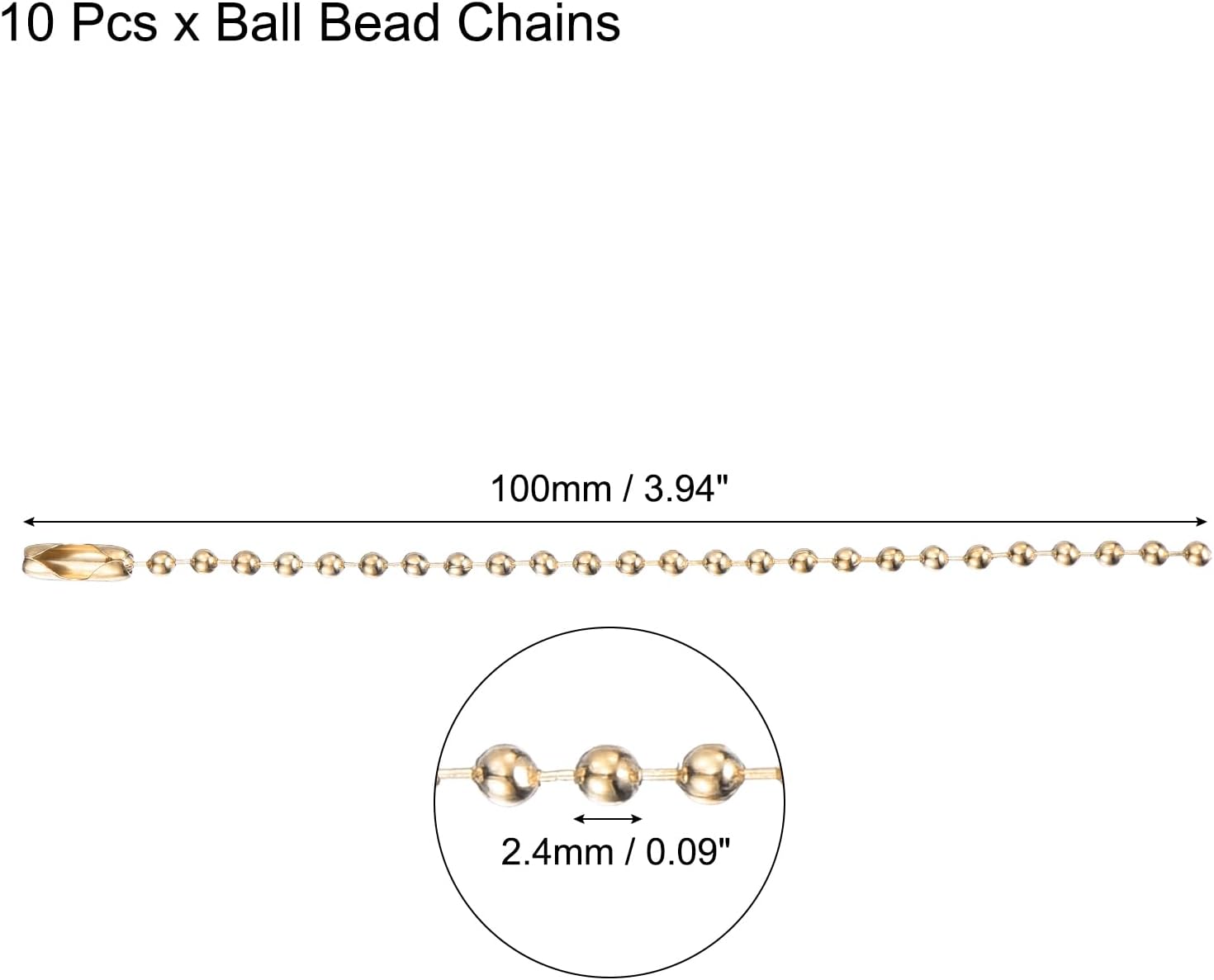 MECCANIXITY Ball Bead Chain Beaded Necklace Chains 4 Inch Adjustable Metal Ball Chains 2.4mm/0.1inch Keychain for Jewelry Making,DIY Craft Projects,Pack of 10(Gold)