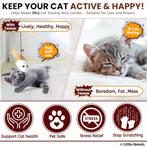 Image of Interactive Cat Teaser Stick Combo of 5 - (Mouse Bell, Stripe, Brown Rabbit, Sisal Mouse & Pink Puppy) with Attached Bell | Fun, Engaging Toy for Cats & Kittens | Indoor & Outdoor Play