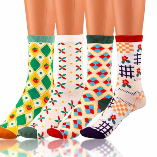 Floral Socks Cute Ankle Socks Frilly Crew Socks Cotton Socks Rustic Socks for Women 4 Pairs